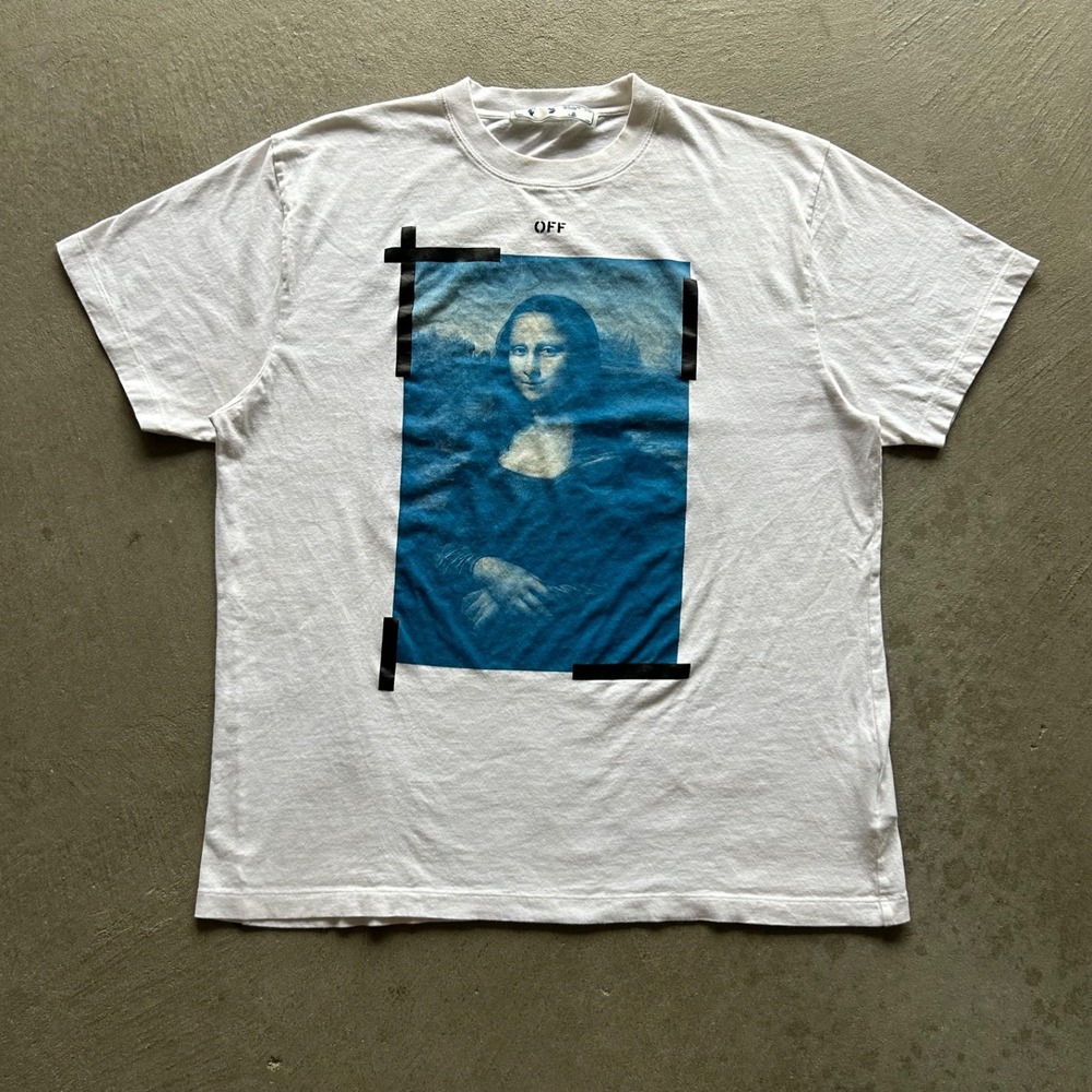 Off White Mona Lisa Shirt Mens Small White Blue Graphic Tape Arrows Streetwear